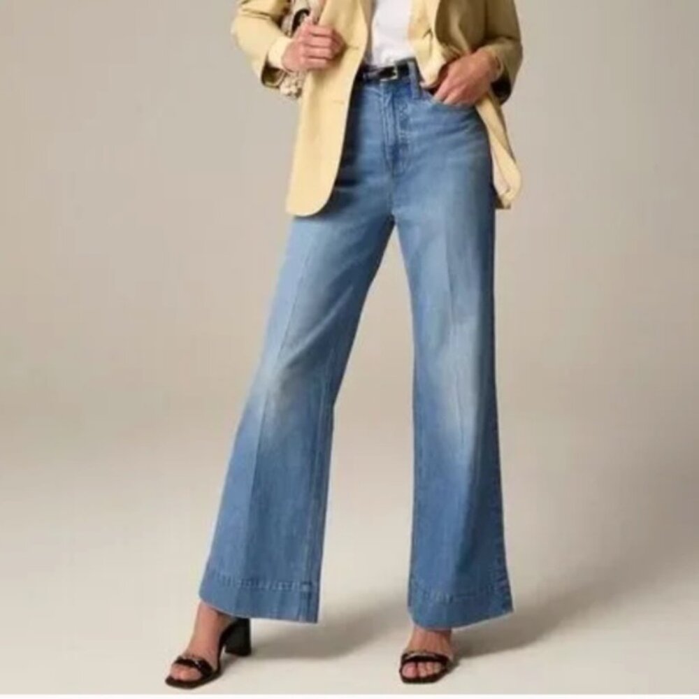 J. Crew Wide Leg Trouser Jeans Women's Size 34 Chambray Blue BP482